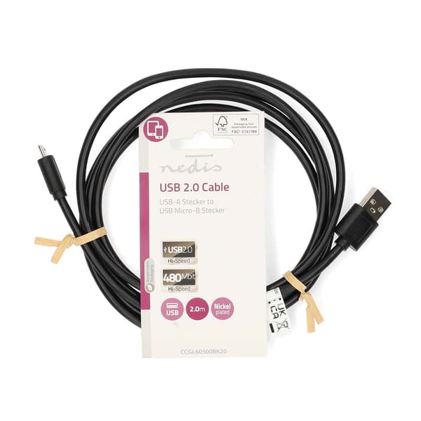 USB-kabel | USB 2.0 | USB-A Han | USB Micro-B han | 11 W | 480 Mbps | Nikkelplateret | 2.00 m | Runde | PVC | Sort | Label