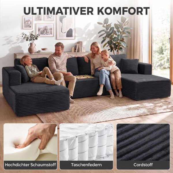 Modulär U-formad bäddsoffa med schäslonger, mörkgrå manschett