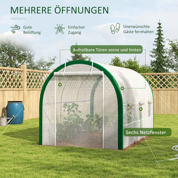 Folieväxthus 3,58 x 2,1 x 2,1 m tunnelväxthus med rulldörr för trädgård & balkong, galvaniserat stål, vit