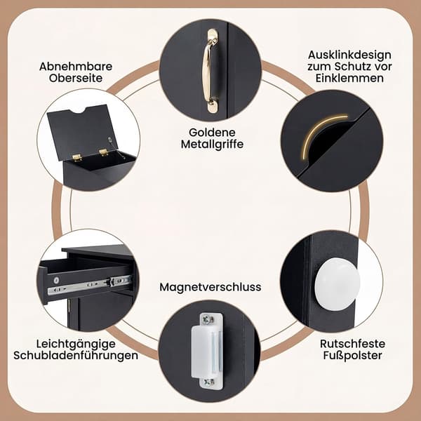 Natbord med ladestation, justerbar hylde, sort