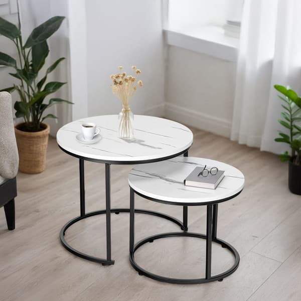 Loft Indskudsborde Sæt, Hvid Marmor, Sort Stel
