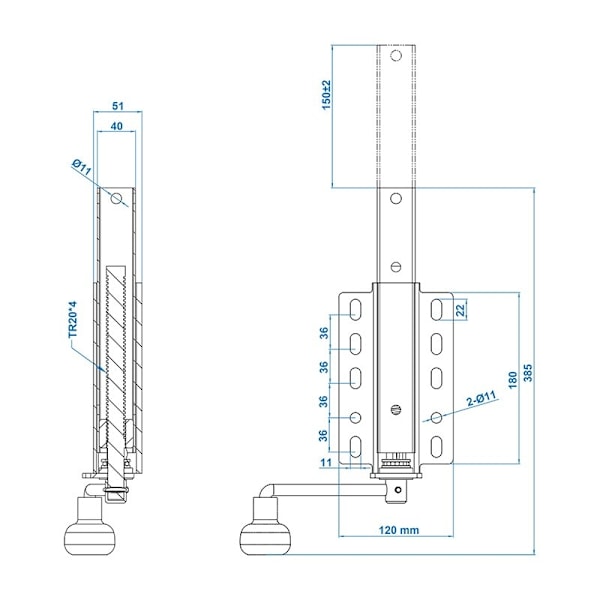 Bogstöd justerbart för båttrailer 40x40 mm teleskopisk 385-535 mm 200 kg
