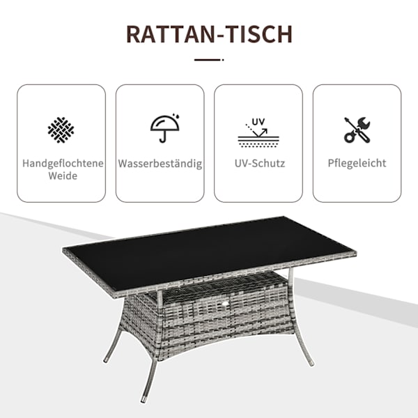 Havebord Glasbord Polyrattan Sikkerhedsglas Grå Sort 150X85X74Cm