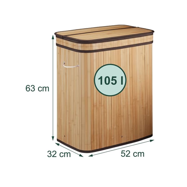 Bambus vasketøjskurv, 3 rum, foldbar