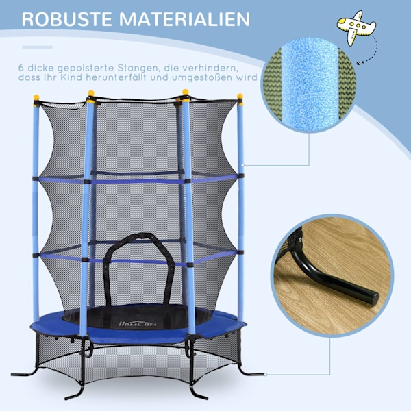 Børnetrampolin Ø163 cm, trampolin med sikkerhedsnet, kantafdækning, havetrampolin til børn 3-10 år, bæreevne op til 50 kg, blå