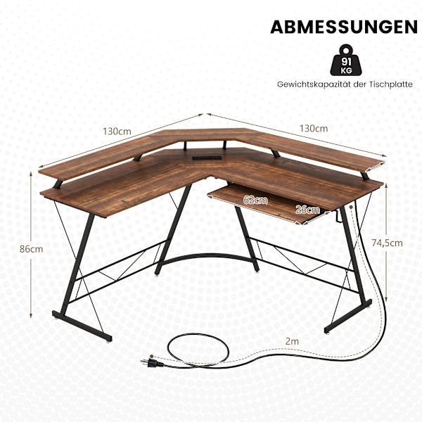 Kulmapöytä, jossa pistorasia ja USB-latausportti ja näyttöteline Rustic Brown