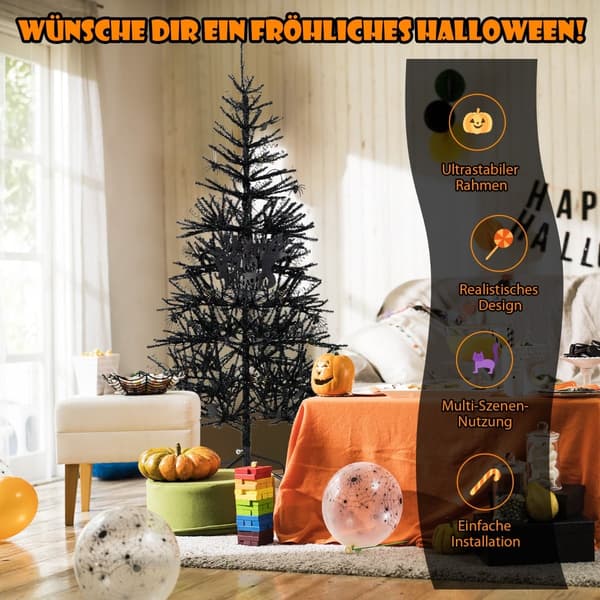Svart Halloweengran med lila LED-lampor, 183 cm