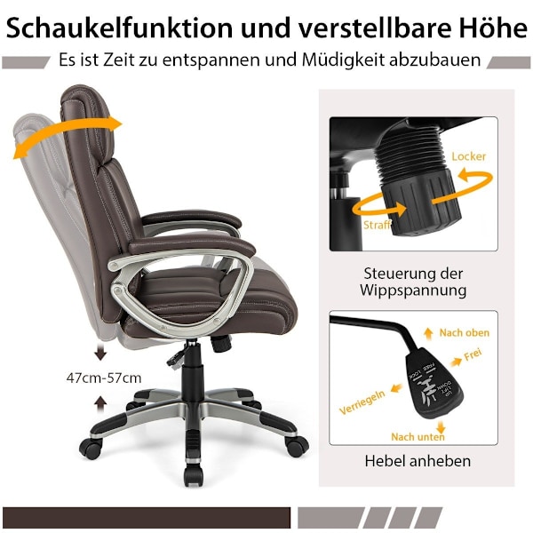 Executive stol vridbar skrivbordsstol av konstläder med vippfunktion och justerbar höjd 64 x 69 x 106-116 cm brun