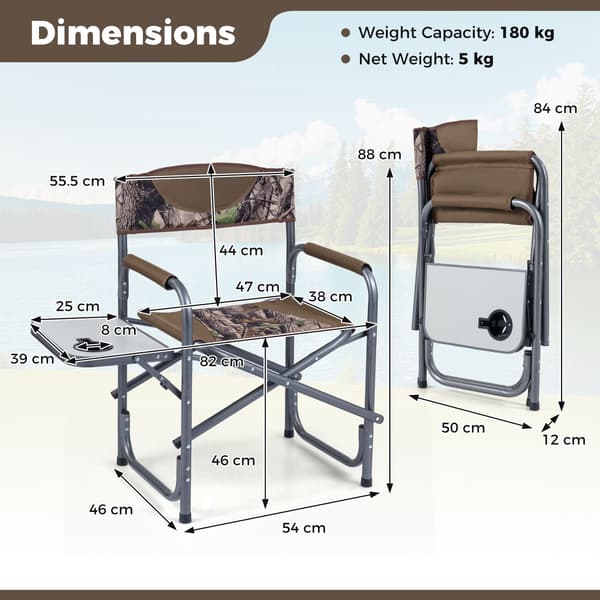 Sammenklappelig campingstol med sidebord, kapacitet 180 kg