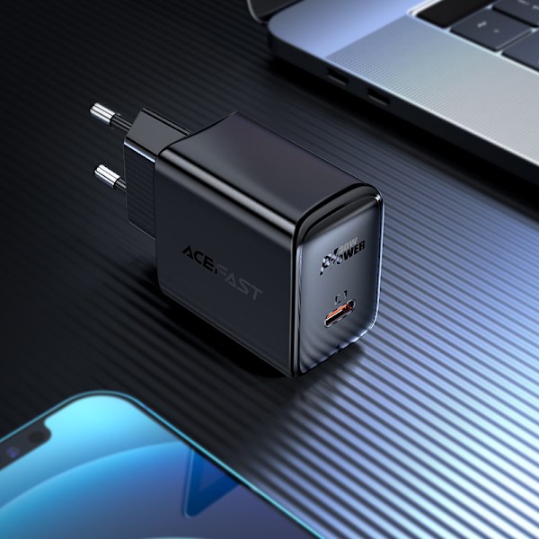 GaN USB-C 30W PD QC 3.0 AFC FCP väggladdare svart