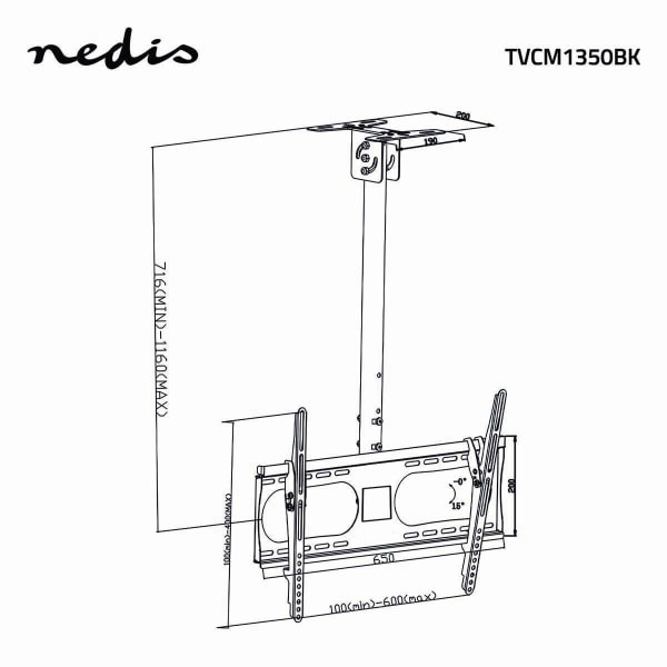 Fuld Motion tv Ceiling Mount | 42-65 " | Maksimal vægt: 45 kg | Vipbar | Kan drejes | Minimum loftafstand: 716 mm | Maksimal loftafstand: 1160 mm | 1