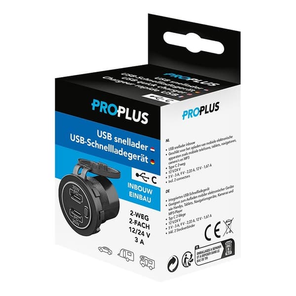 USB snabbladdare, inbyggd typ C, 12/24V, 3A