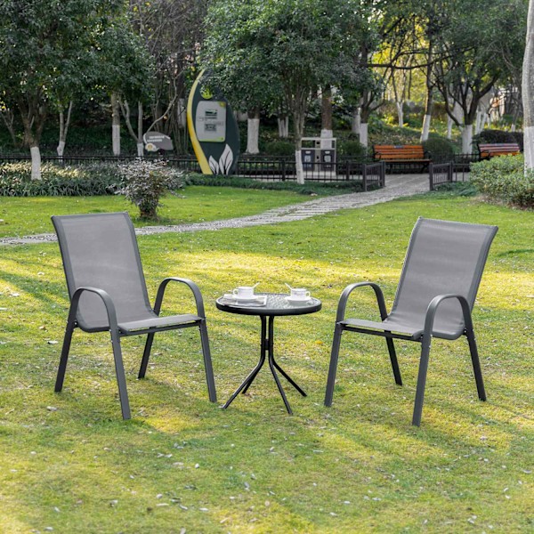 Sæt med 2 havestole stabelstole med armlæn metalnet stof grå 70x54x90cm til terrasse- og havemøbler