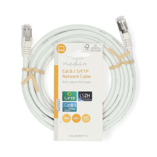 Cat 8.1 netværkskabel | S/FTP | RJ45 Han | RJ45 Han | 5.00 m | Runde | LSZH | Hvid | Label