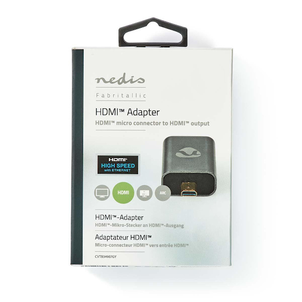 HDMI™ -sovitin | HDMI™ Micro / HDMI™ uros | HDMI naaras / HDMI™ Ulostulo | Kullattu | Suora | Alumiini | Gun Metal Harmaa | 1 kpl | Laatikko kannella