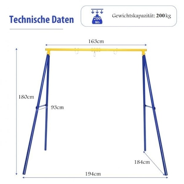 Robust gungställning i metall A-ram gungställning för trädgård 194 x 184 x 180 cm blå + gul