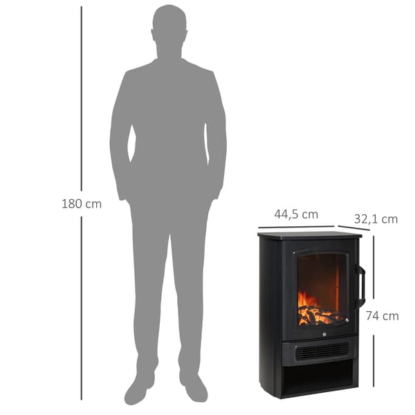Elektrisk pejs med LED-flamme, 1000W/2000W, sort