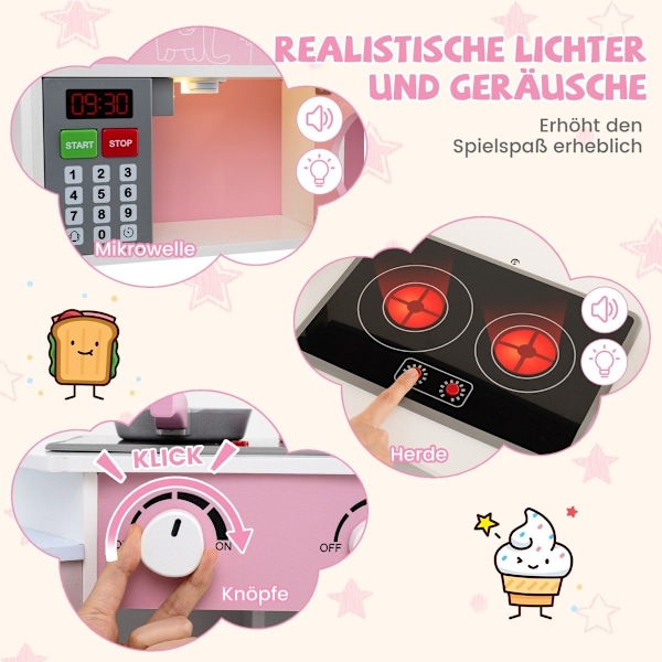 Hörnlekök i trä med ljud &amp; Ljus &amp; Kaffemaskin &amp; Slide Toddler Kitchen Lekset Rosa