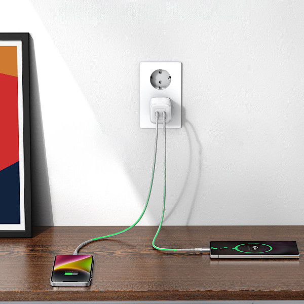 Snabb GaN laddare 2x USB-C 45W QC PD vit