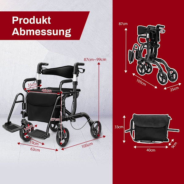 Rollator hopfällbar och lätt med säte 2 i 1 rullstol & reserollator gånghjälp 6-vägs höjdjusterbar
