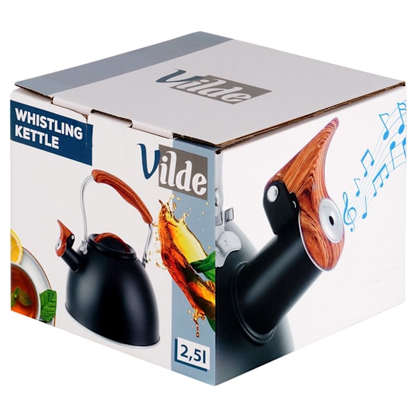 Vattenkokare med visselpipa, stål, svart, 2,5 l