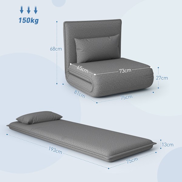 Gulvsofa 3-i-1 sammenfoldelig sovesofa, polstret sovesofa med sovefunktion, bæreevne op til 150 kg, til soveværelse, stue, mørkegrå