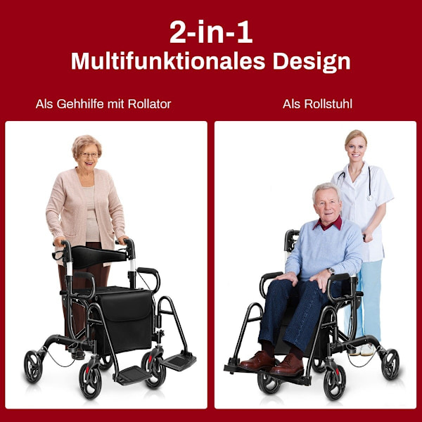 Rollator hopfällbar och lätt med säte 2 i 1 rullstol & reserollator gånghjälp 6-vägs höjdjusterbar