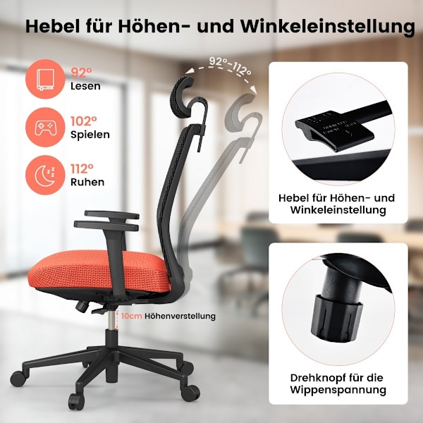 Ergonominen työtuoli selkänojalla ja ristiseläntuella ja mukava 3D-niskatuki jopa 180 kg