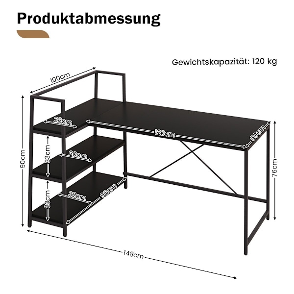 148 cm langt L-formet computerbord med åbne hylder, pladsbesparende skrivebord til en moderne arbejdsplads, sort