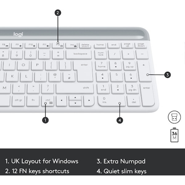 Logitech MK470 Slim - näppäimistö ja hiiri, valkoinen