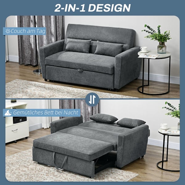 Sovesofa, 2-personers sofa med sengefunktion, justerbart ryglæn, polstret sofa med pudepuder, fløjlslook