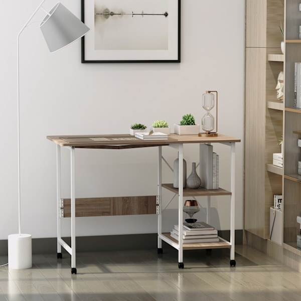 Taitettava Pöytä Liikkuva Työpöytä Pyörillä, Sivupöytä, Mdf, Luonnollinen, 107X55X76Cm