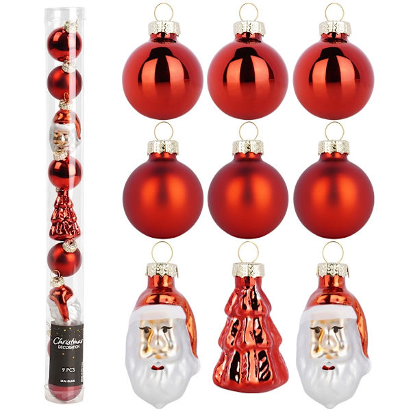 Splittersäkra röda julgranskulor, set, 9 delar