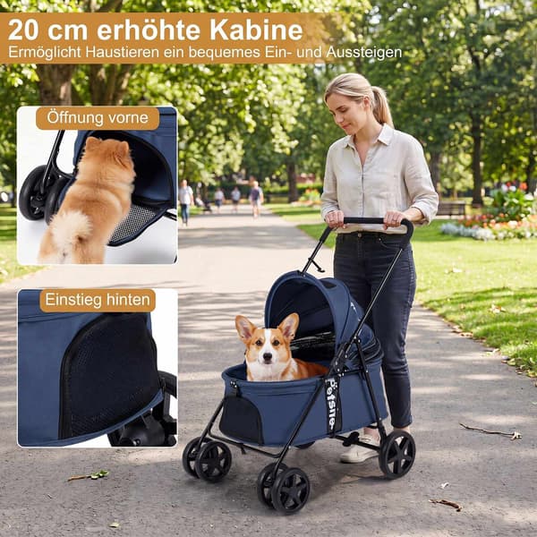 Kæledyrsvogn til små hunde, foldbar med kaleche, marineblå