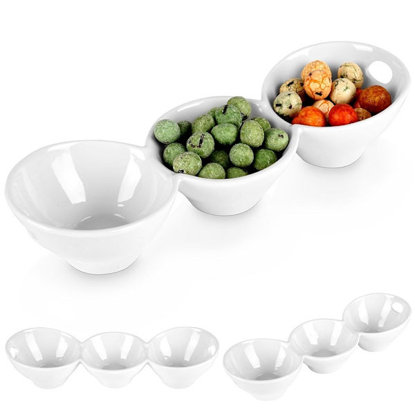 Skål i hvidt porcelæn med tre rum til dip og snacks
