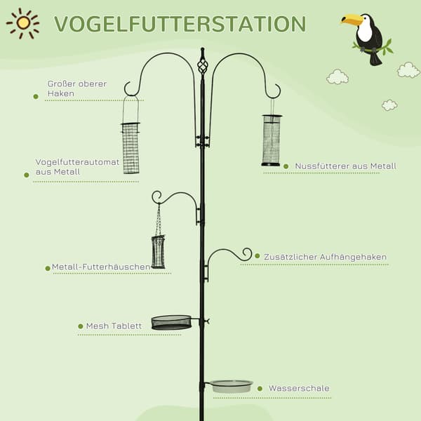 Fuglefoderstation Sæt Fuglebad Foderplade Komplet Fodersøjle Fuglefoderstation Med 4 Kroge Stål Sort Højde 208 Cm