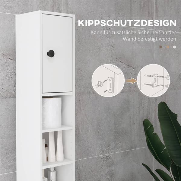 Badeværelsesskab, 4 hylder, skuffe, spånplade, slim design, hvid