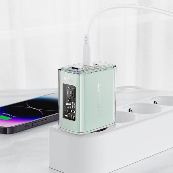 GaN 65W nätverksladdare 3 portar 1x USB 2x USB-C rosa