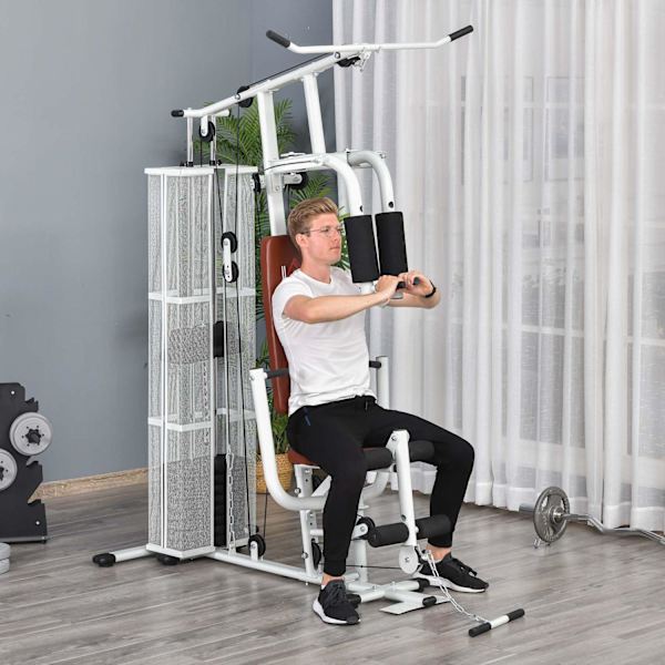 Träningsstation för hemmet, totalt 45 kg, med pressarm, benframkallare, rullkuddar, PU-syntetläder, 150 x 110 x 210 cm, vit