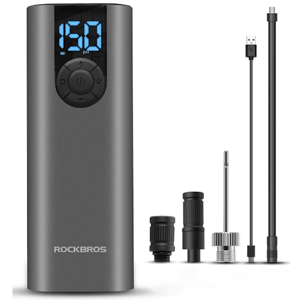 Sähköpumppu polkupyörän moottori autopallo 10 bar LED-näytöllä + USB-C kaapeli, musta