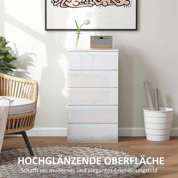 Kommode, skænk med 5 skuffer, kontorskab med anti-tip trækflige, til stue, soveværelse, hvid, 55 x 34 x 100 cm |