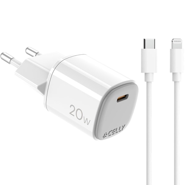 USB oplader GaN 1 x USB-C PD 20W + Lightning kabel Hvid