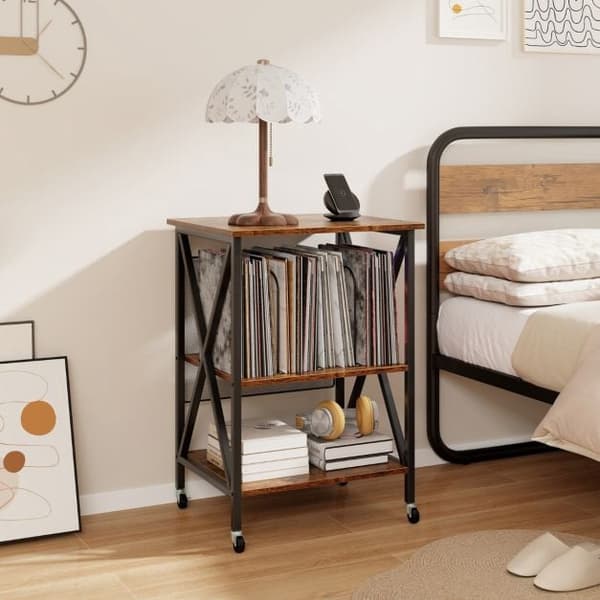 Pladespillerstativ med vinylopbevaring, låsbare hjul