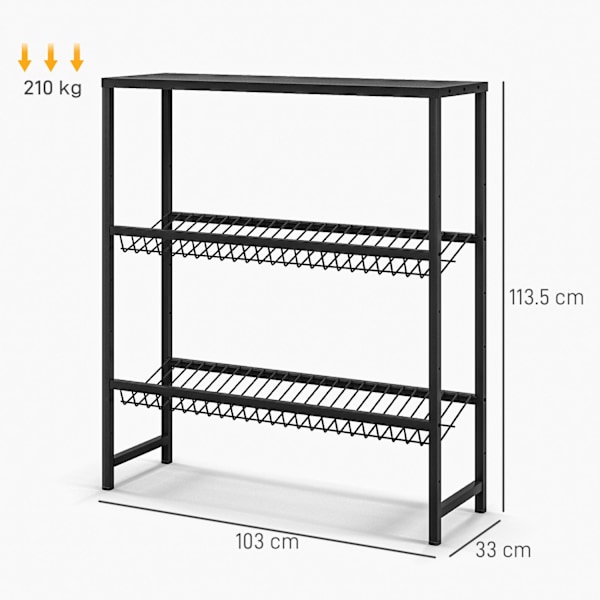 Fritstående drikkekassestativ til 6 kasser, justerbar hyldehøjde, 3 niveauer, skridsikker, 103 x 33 x 113,5 cm, sort stål