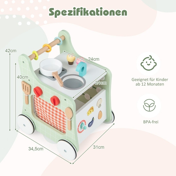 6 in 1 puinen kävelytuoli leikkikeittiöllä ja oppimiskellolla ja muodon säädöllä ja siirrettävällä vihreällä liukusäätimellä