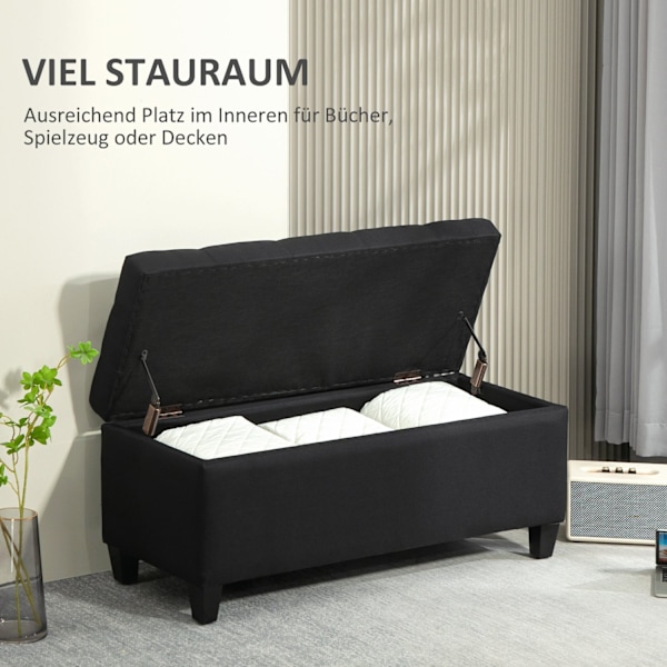 Bænk polstret bænk med opbevaringsplads brystbænk entre soveværelse stue linnedlignende polyester gummi træ sort 100 x 40 x 44 cm