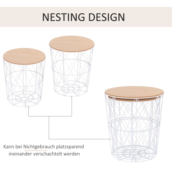 Sæt Med 2 Sofaborde I Natur & Hvid Sidebord 2-Delt, Mdf + Metal, Til Stue & Soveværelse, Ø40 X H45 Cm