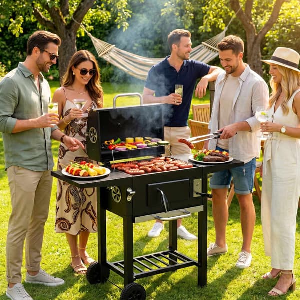 Trädgårdsgrill med kol, lock, justerbart galler, termometer