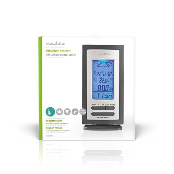 Väderstation | Inomhus & utomhus | Inklusive trådlös vädersensor | Väderprognos | Tidsdisplay | LCD-skärm | Alarmklockfunktion