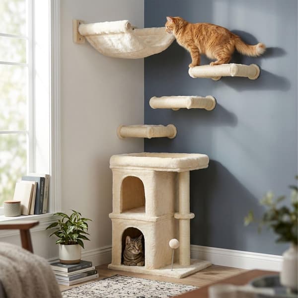 Kradsetræ med 2 huler og seng, beige, 71 cm